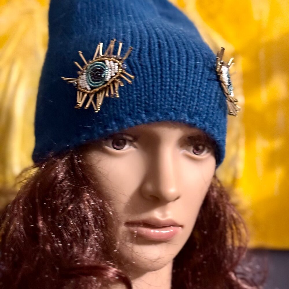Unique OOAK Handmade Blue Wool Beaded Evil Eye Beanie Hat - Picture 1 of 9